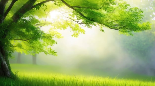 Green Tree Branch Overhangs Lush Meadow on a Foggy Spring Morning photo