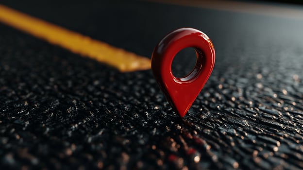 Red location pin on dark asphalt road photo