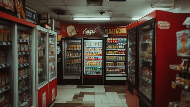 Well-stocked convenience store interior with various snacks and drinks photo