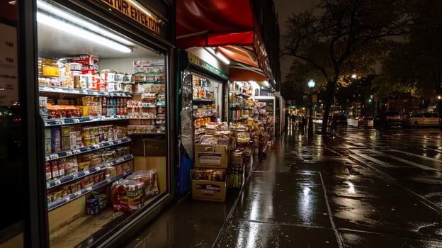 Rainy night at a well-stocked corner store photo