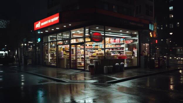 Rainy night convenience store, brightly lit shelves, wet street photo