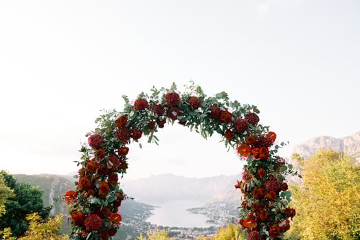 View through the red wedding arch from the mountain to the Bay of Kotor. Montenegro photo