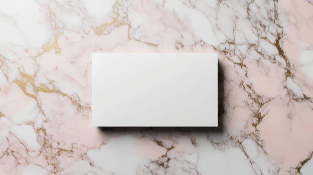 Top view template for business card. Mockup white card on marble texture background in pink pastel color with gold. photo