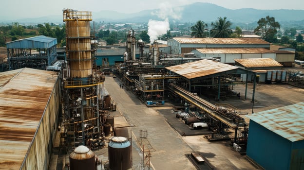 Aerial view of an industrial facility with machinery and buildings in a rural setting photo