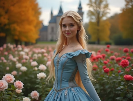 A beautiful blonde woman in a blue dress standing in a field of roses photo