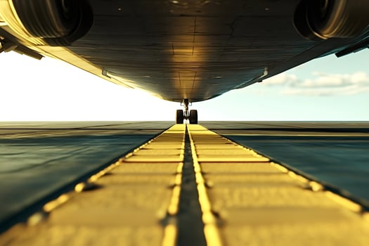 Cargo airplane parked on runway at sunset with guiding lights photo