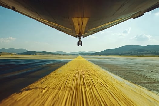 Airplane landing gear hovering over airport runway photo