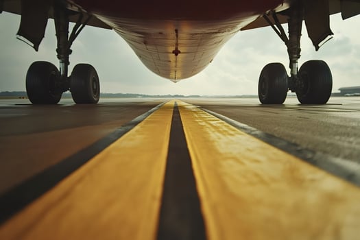 Airplane wheels standing on runway ready for takeoff photo
