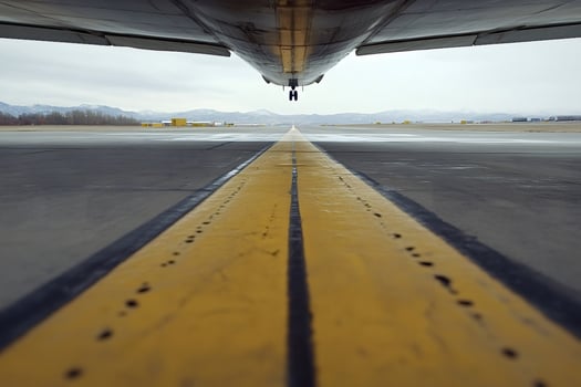 Airplane is landing on airstrip with runway centerline on focus photo
