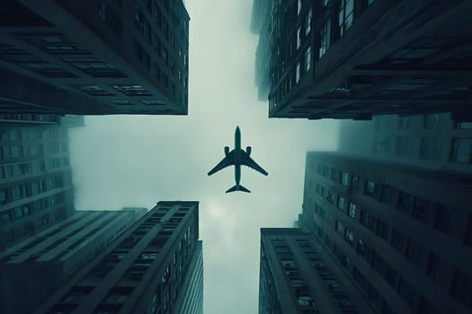 Passenger airplane flying over city buildings in the fog photo