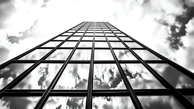 Tall Glass Facade Building Reflecting Clouds Under Dramatic Sky photo