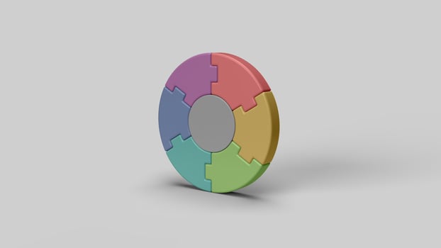 colored circular 3D puzzle pieces on a white backdrop photo