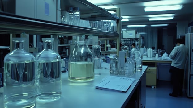 A laboratory scene with glassware and a researcher working in a scientific environment photo