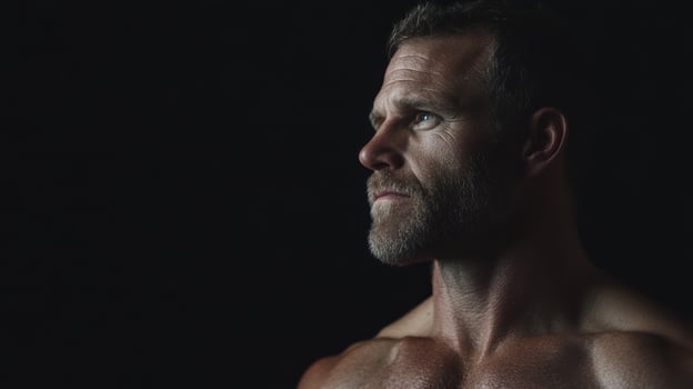 A man with no shirt on looking off into the distance photo