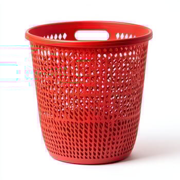 A red plastic laundry basket with a perforated design for ventilation and ease of carrying photo