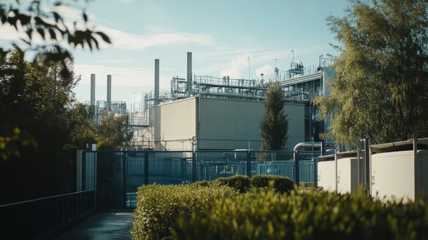 Industrial facility surrounded by greenery and infrastructure photo