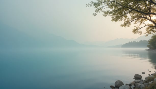 Serene Lake View with Misty Mountains and Calm Waters at Dawn photo