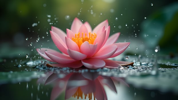 A pink lotus flower is reflected in water photo