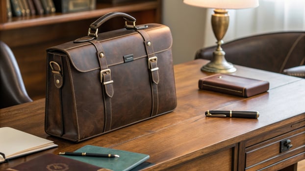 leather briefcase sits on wooden desk, surrounded by lamp, notebooks, and pen, creating professional and elegant office atmosphere photo