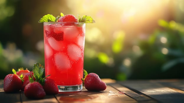 A glass of strawberry flavored drink garnished with strawberries. photo