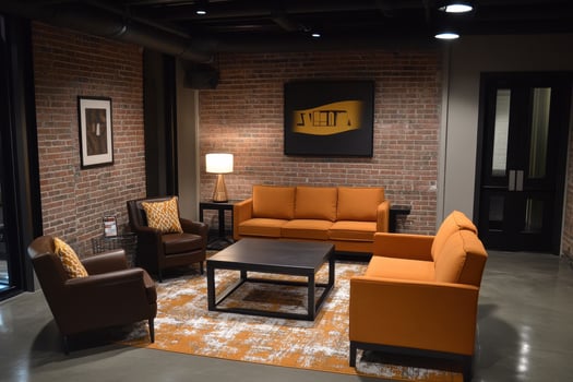 Cozy lounge area with orange furniture and a modern aesthetic photo