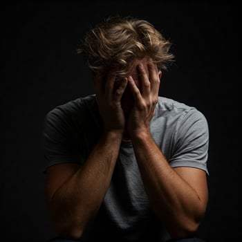 A man sitting on the floor with his hands on his face photo