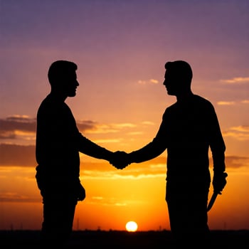 Two men shaking hands at sunset photo