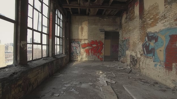An abandoned industrial space with graffiti and debris, showcasing urban decay photo