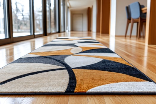 Geometric patterned rug covering wooden floor in a modern hallway photo