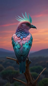 Colorful Bird Perched on Branch at Sunset with Fantasy Appearance photo