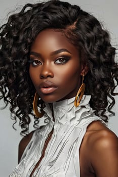 Elegant African Woman with Curly Hair and Gold Earrings Portrait photo