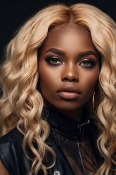Portrait of a Confident Woman with Blonde Wavy Hair and Leather Jacket photo