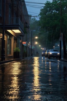 Driving on City Street in Rain Reflecting Street Lights at Night photo