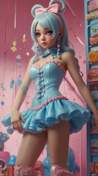 Standing Girl Wearing Blue Dress and Pink Bow with Candy Background photo