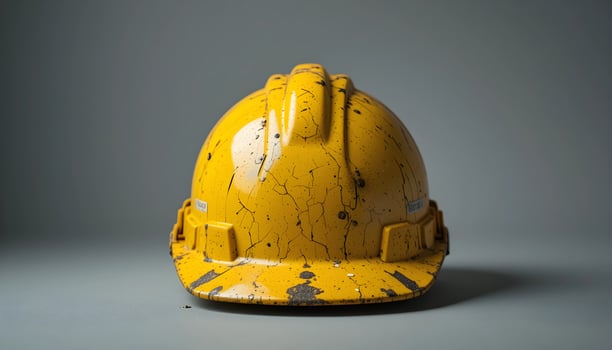 A close-up studio shot of a weathered, yellow construction hard hat. photo