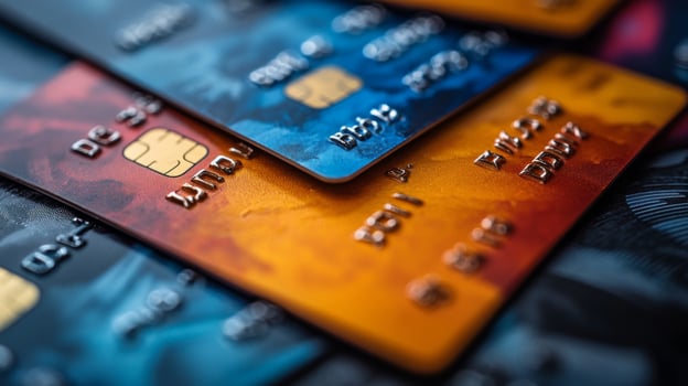 Close-up of Multiple Credit Cards, Showing Different Designs and Colors. Illustrating Financial Transactions and Payment Methods. photo