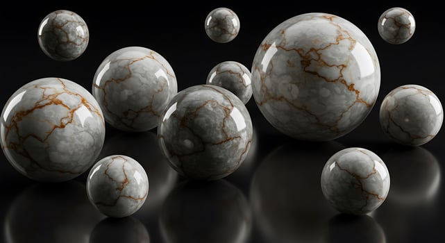 Marble Spheres Floating on a Black Background with Veins and Reflections photo
