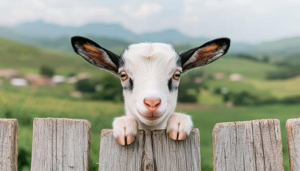 Playful goat posing at a rustic fence with rolling hills in the background captured in a bright outdoor environment photo