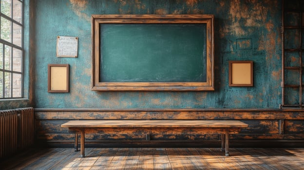 Rustic Classroom Interior, Vintage Chalkboard and Wooden Bench photo