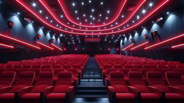Stylish empty movie theater with red seats and ceiling lights photo