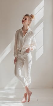 A woman in white pants and shirt standing in a room photo
