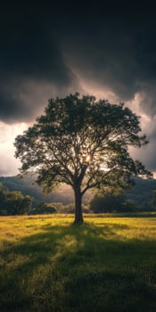 Majestic oak tree standing alone in a field beneath dramatic skies photo