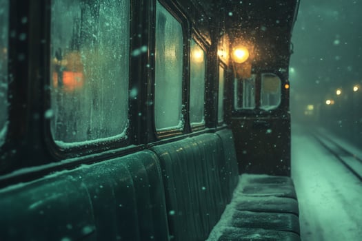 Winter journey through the silent train car on a snowy evening. photo