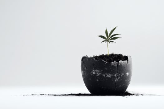 New life sprouts from a cracked pot in a serene, minimalistic environment. photo