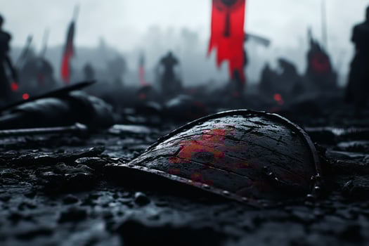 Dark shadows loom over a battlefield scattered with fallen shields and banners. photo