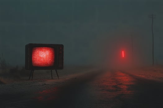 Mysterious landscape with a vintage television and glowing red light at dusk. photo