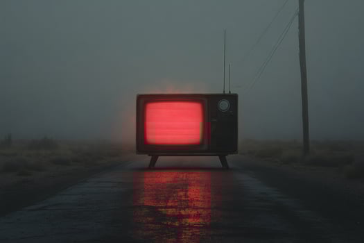Vintage television illuminates a lonely road under foggy skies at twilight. photo