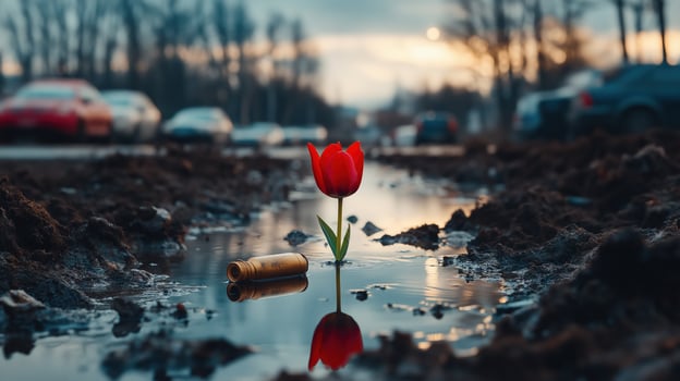 Single red tulip growing in mud with bullet casings in foreground, copy space photo