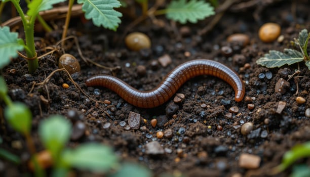 An earthworm crawls on wet ground, surrounded by green plants. A small puddle of water is visible nearby, creating ideal conditions for the life of soil organisms. photo