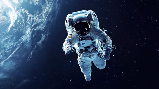 An astronaut floating in the vastness of space, against a backdrop of Earth. photo